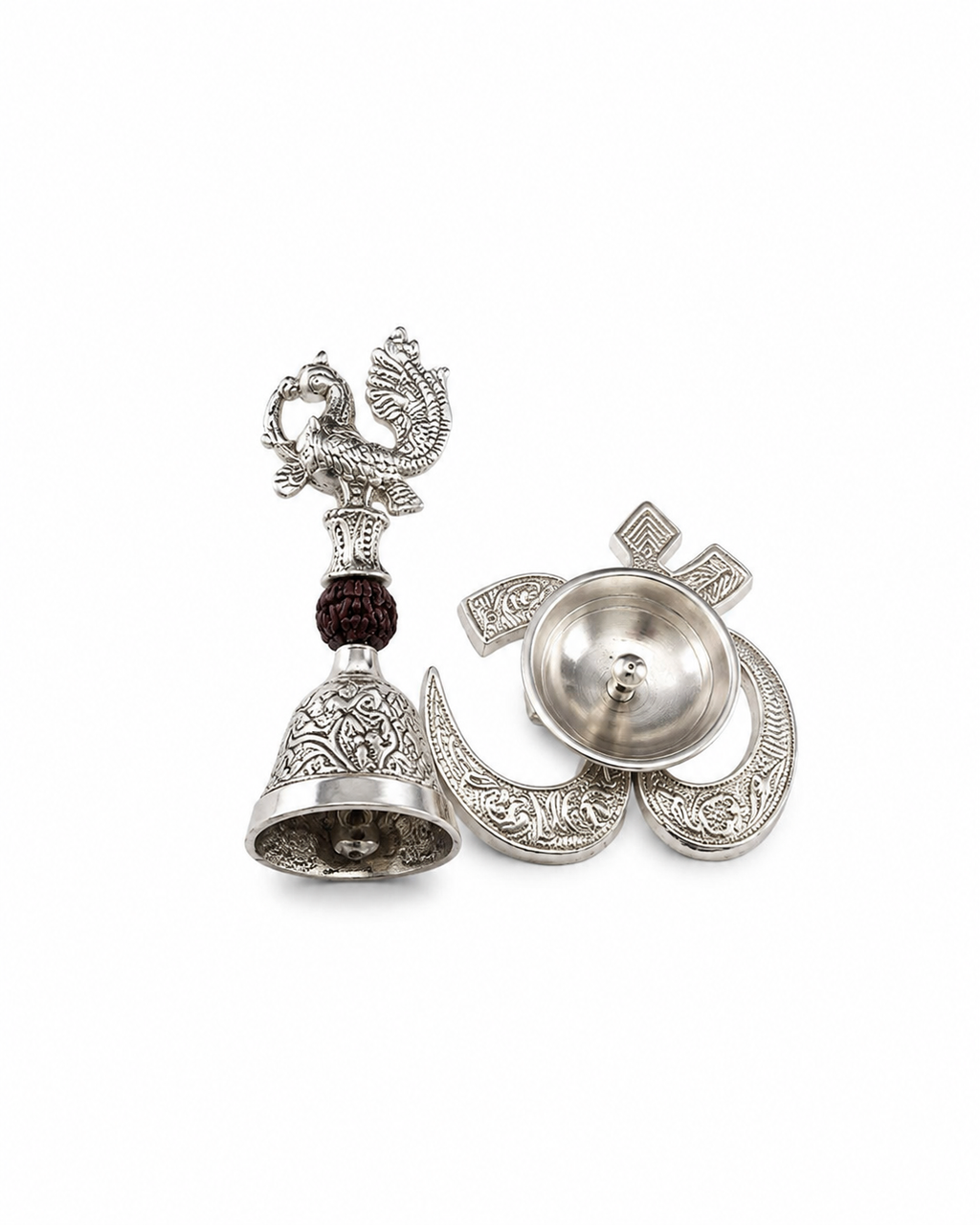 Premium Silver-Plated Peacock Pooja Bell & amp; Diya Set