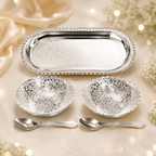 Premium Silver-Plated Designer Serving Bowl &amp; Tray Set with Spoons