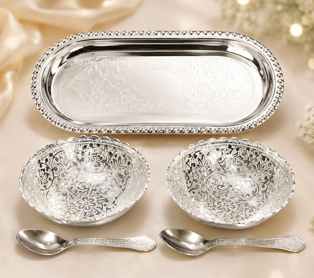Premium Silver-Plated Designer Serving Bowl &amp; Tray Set with Spoons