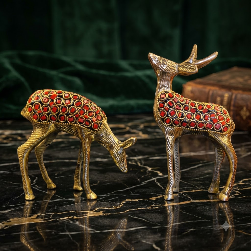 Handcrafted Brass Deer Showpiece Set of 2 with Green Enamel Detailing