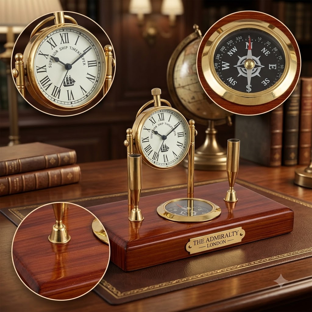 Premium Brass Desk Clock with Compass & Pen Holder