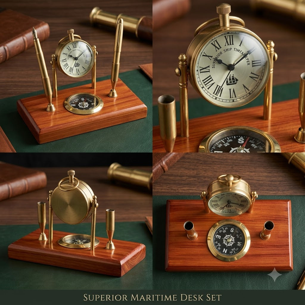 Premium Brass Desk Clock with Compass & Pen Holder