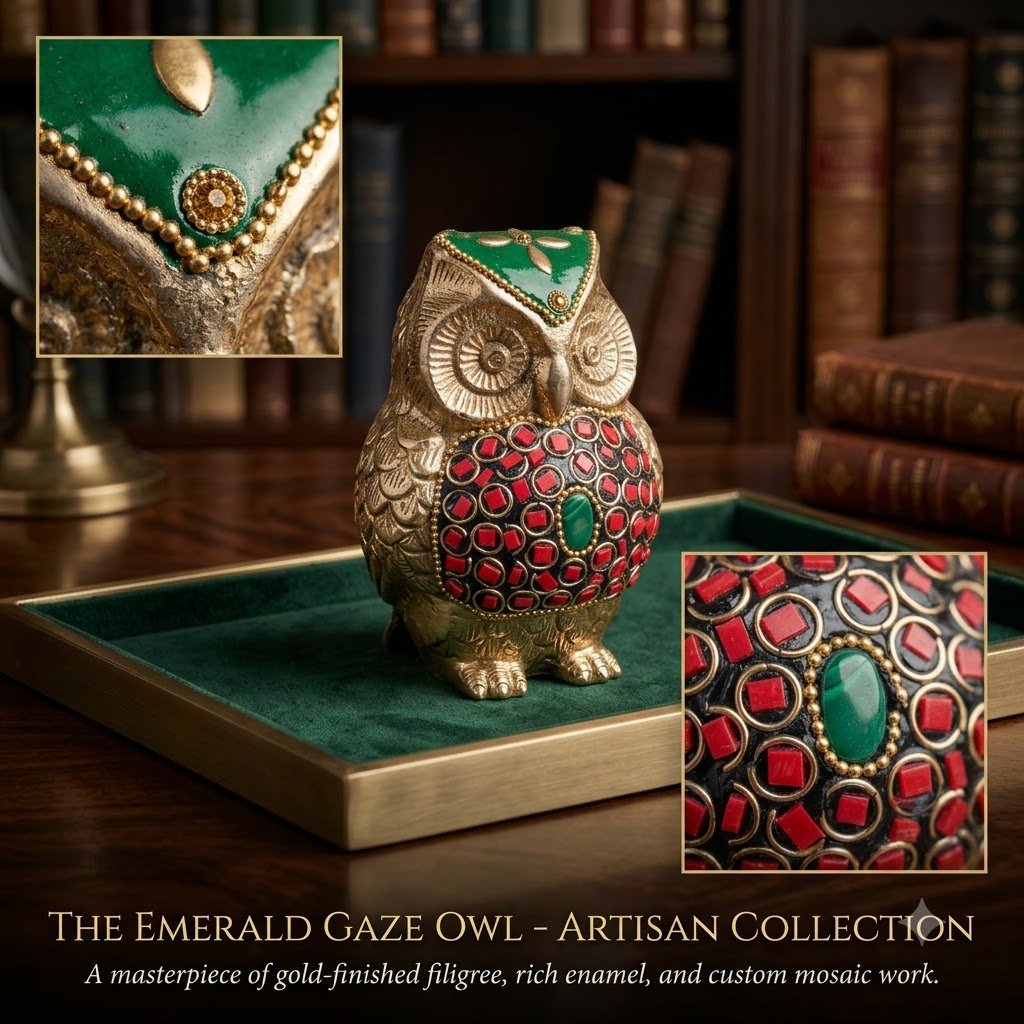 Handcrafted Decorative Owl Box with Green & Red Embellishments