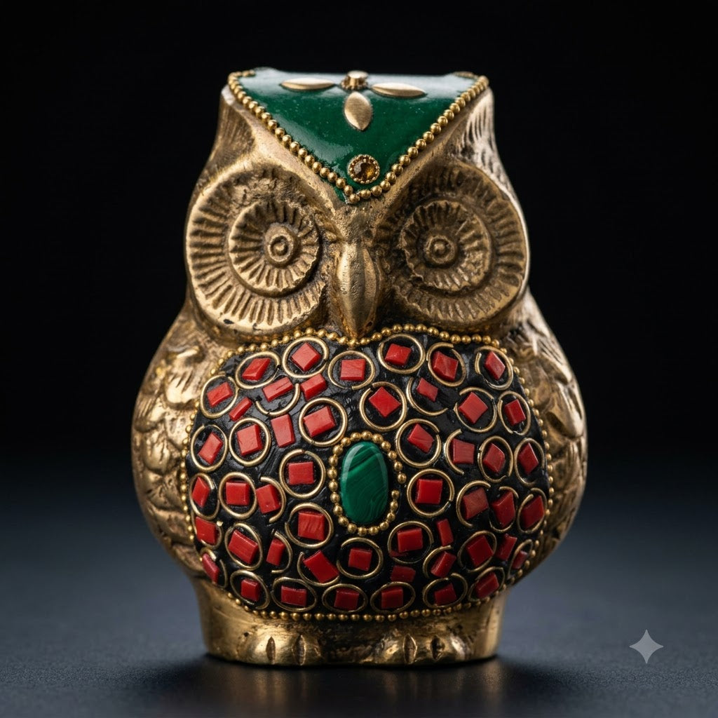 Handcrafted Decorative Owl Box with Green & Red Embellishments