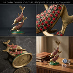 Handcrafted Brass Fish Sculpture with Red Embellishments & Green Decorative Base