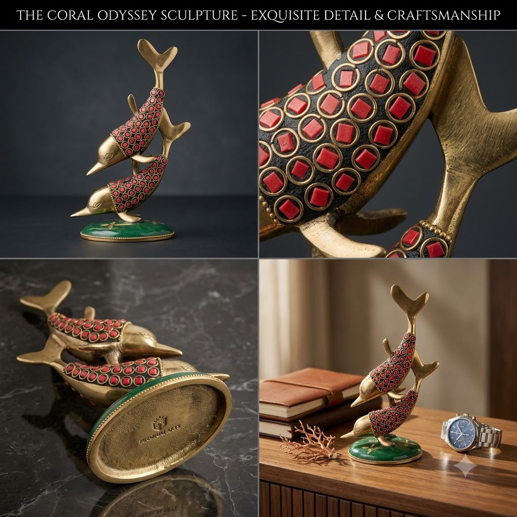 Handcrafted Brass Fish Sculpture with Red Embellishments & Green Decorative Base
