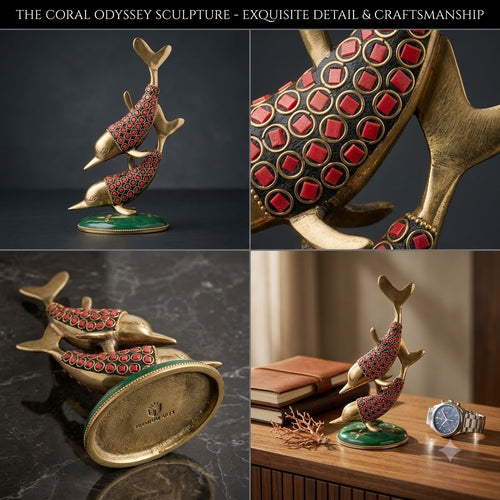 Handcrafted Brass Fish Sculpture with Red Embellishments & Green Decorative Base