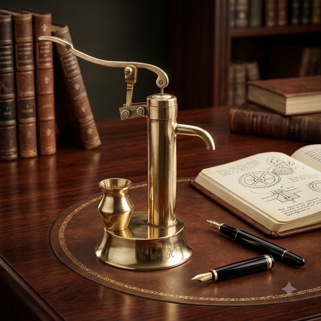 Handcrafted Brass Water Pump Decorative Showpiece with Miniature Vessel