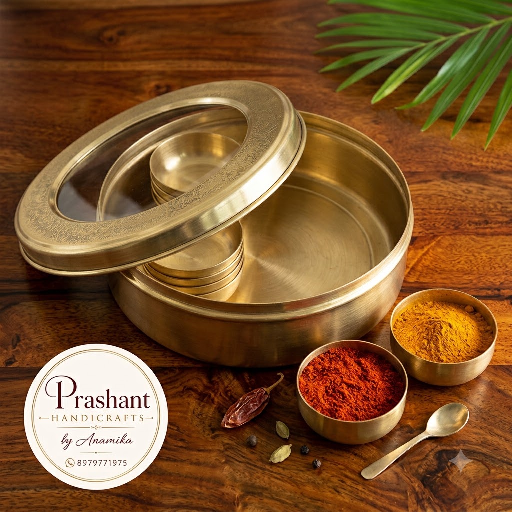 Handcrafted Brass Masala Dabba Spice Box with 6 Compartments