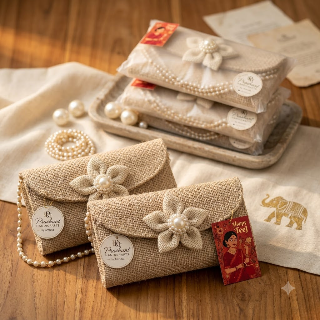 Handcrafted Jute Potli & Clutch Gift Set with Pearl Flower Embellishment