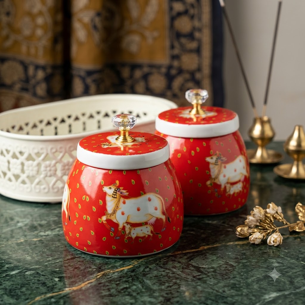 Red Decorative Storage Jars with Cow Print Design