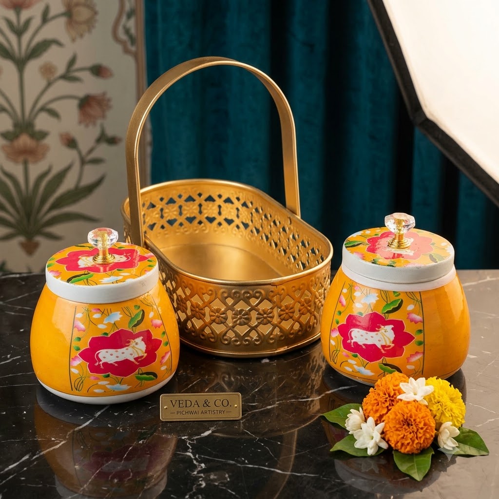 Yellow Decorative Storage Jars with Cow Print Design