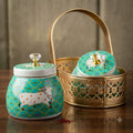 Green Decorative Storage Jars with Cow Print Design