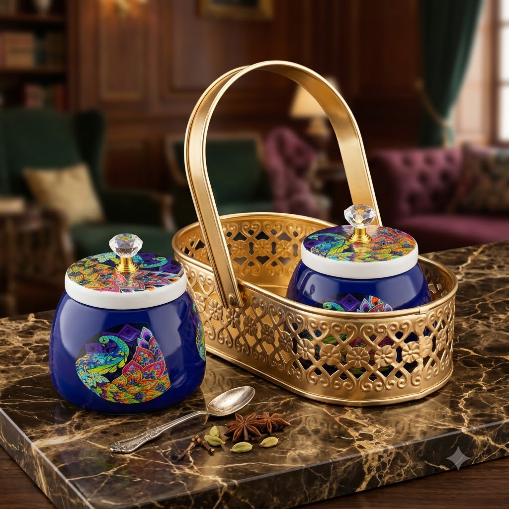 Blue Decorative Storage Jars with Cow Print Design