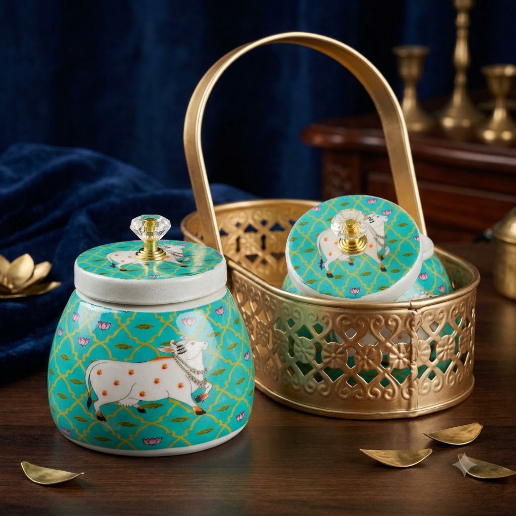 Green Decorative Storage Jars with Cow Print Design