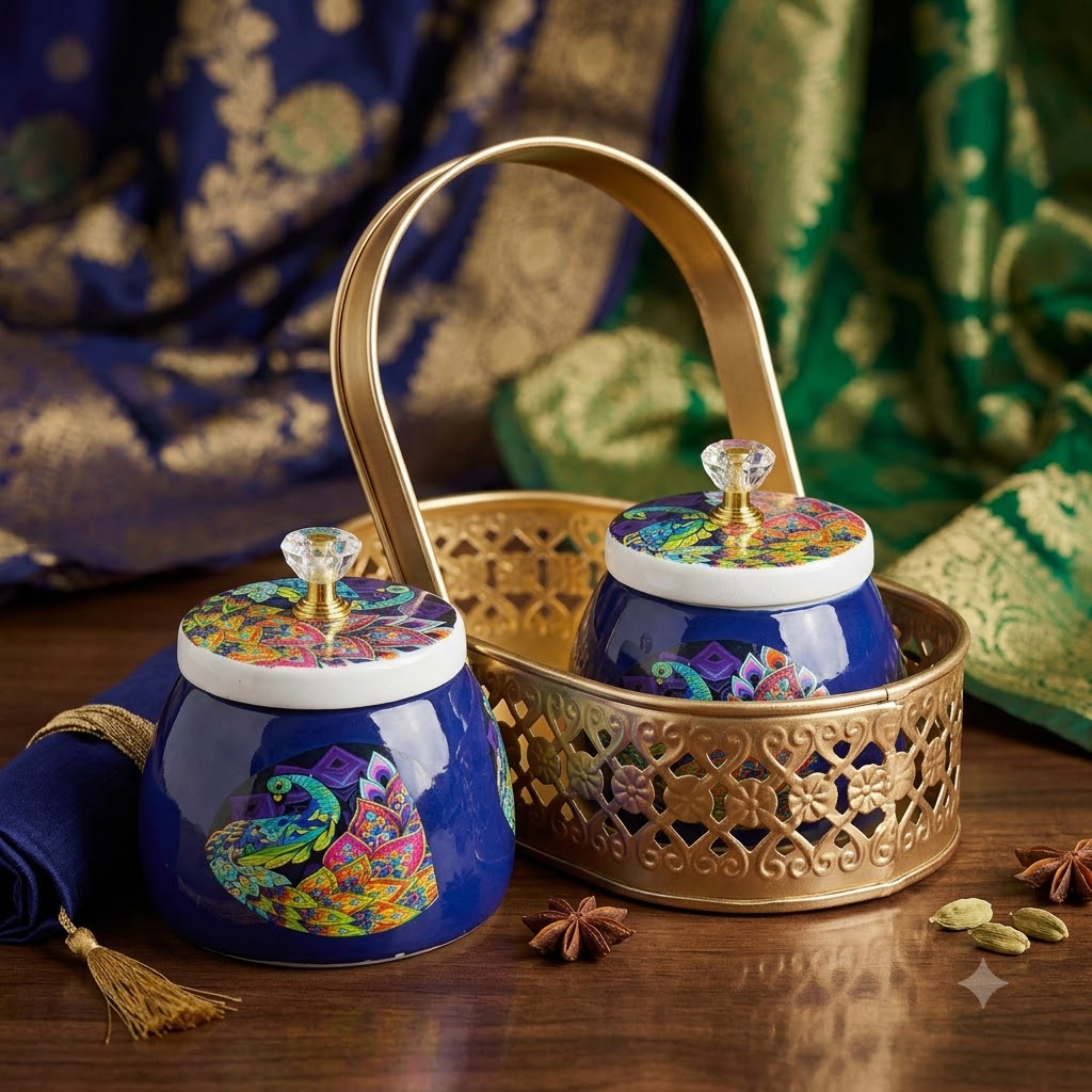 Blue Decorative Storage Jars with Cow Print Design