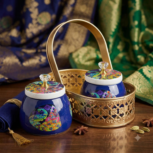 Blue Decorative Storage Jars with Cow Print Design