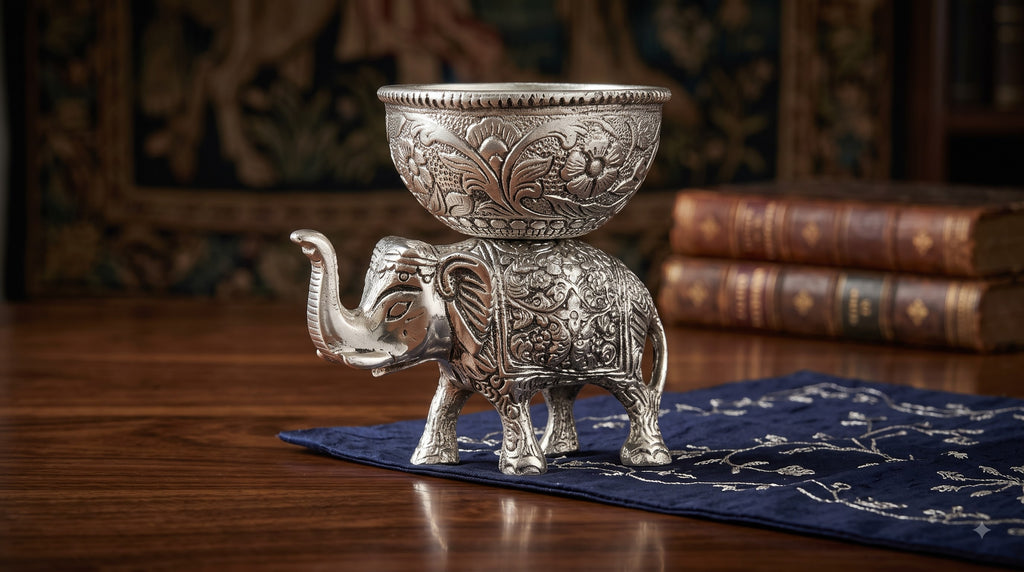 Silver Tone Elephant Diya Holder