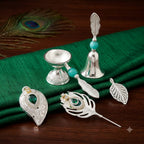 Premium Silver Plated Pooja Thali Set with Bell, Kumkum Bowl &amp; Peacock Feather Design