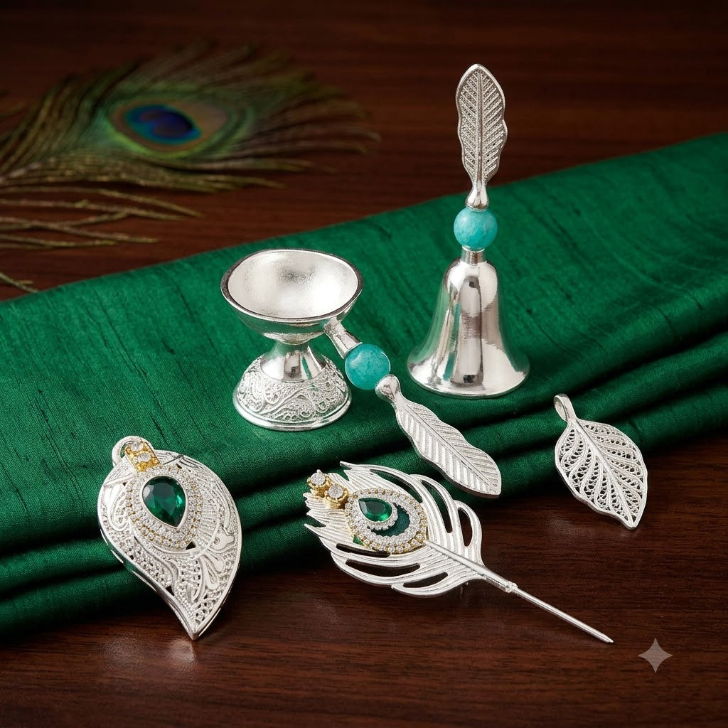 Premium Silver Plated Pooja Thali Set with Bell, Kumkum Bowl &amp; Peacock Feather Design