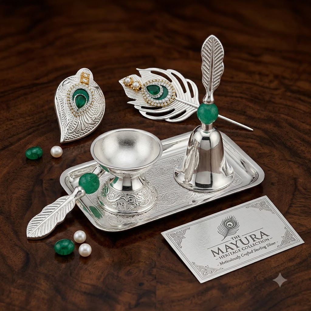 Premium Silver Plated Pooja Thali Set with Bell, Kumkum Bowl &amp; Peacock Feather Design