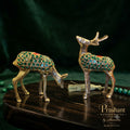 Handcrafted Brass Deer Showpiece Set of 2 with Green Enamel Detailing