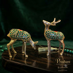Handcrafted Brass Deer Showpiece Set of 2 with Green Enamel Detailing