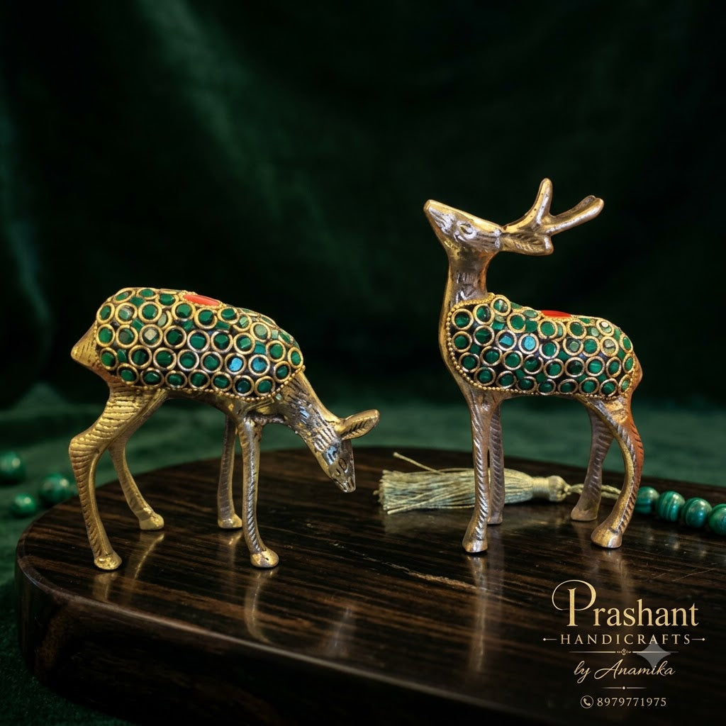 Handcrafted Brass Deer Showpiece Set of 2 with Green Enamel Detailing