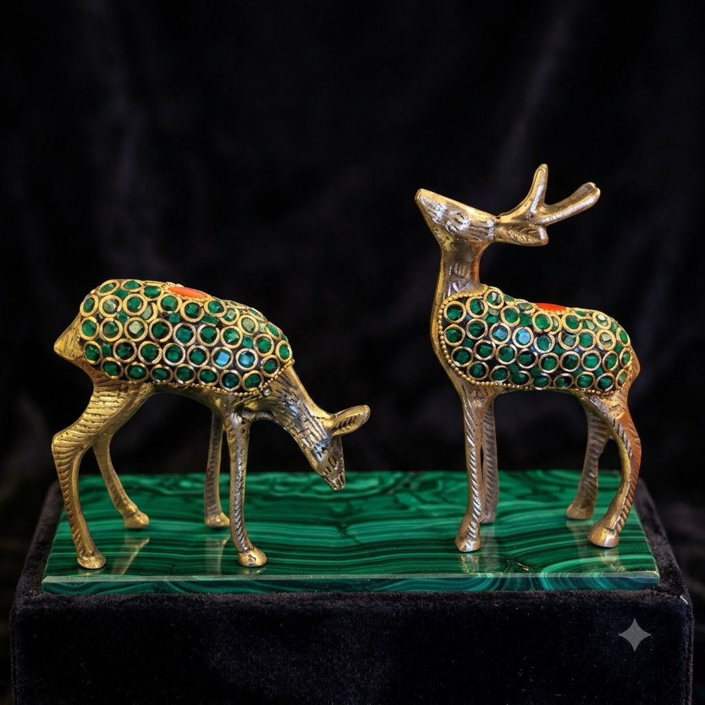 Handcrafted Brass Deer Showpiece Set of 2 with Green Enamel Detailing