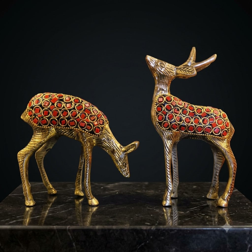 Handcrafted Brass Deer Showpiece Set of 2 with Green Enamel Detailing