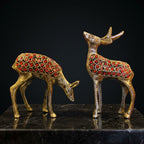 Handcrafted Brass Deer Showpiece Set of 2 with Green Enamel Detailing