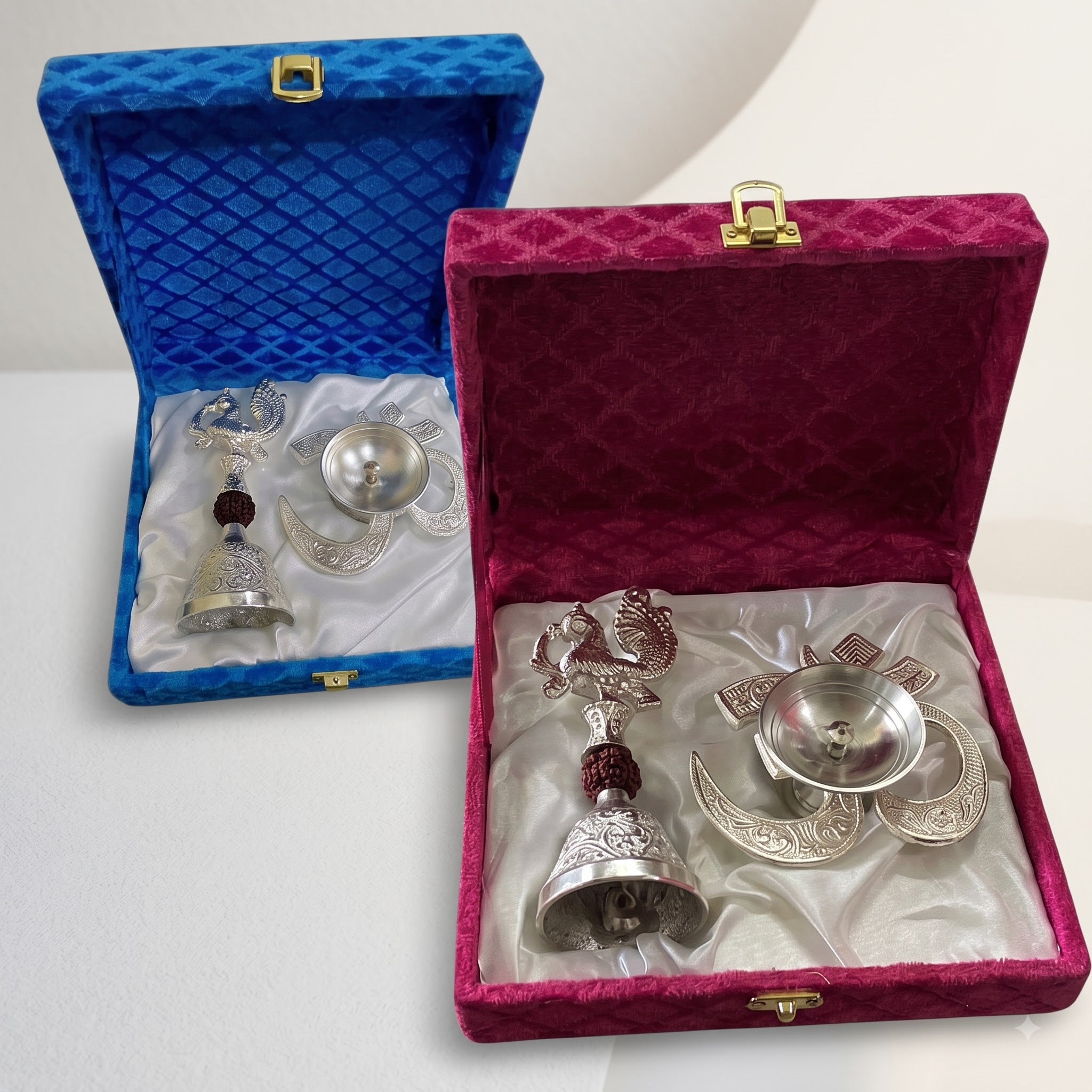 Premium Silver-Plated Peacock Pooja Bell & amp; Diya Set