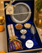 Premium Rakhi Gift Hamper with Filigree-Plated Thali, Dry Fruits, Rakhi & Chocolates | Luxury Raksha Bandhan Gift Set